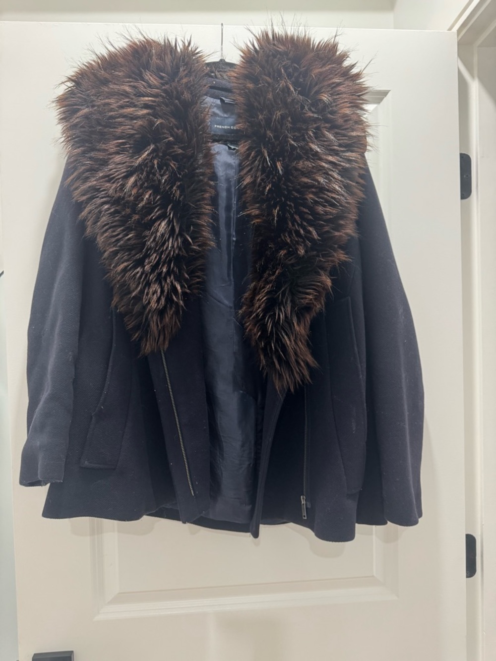 French Connection Black Pea Coat with Brown Faux-Fur Shawl Collar
